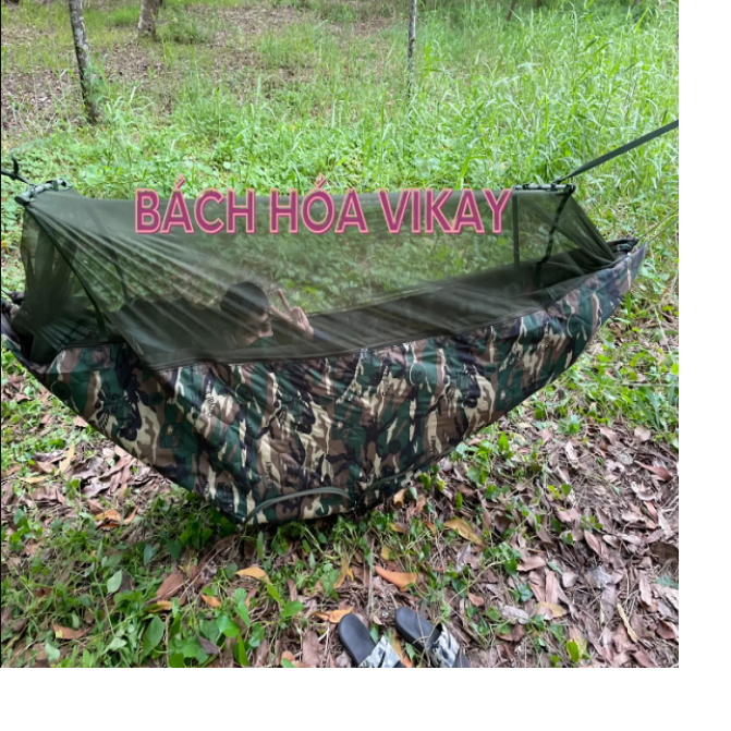 Võng mùng 2 lớp xếp gọn Phong cách lính (1.5*2.5m) Họa tiết rằn ri Và dây dù 16 mét