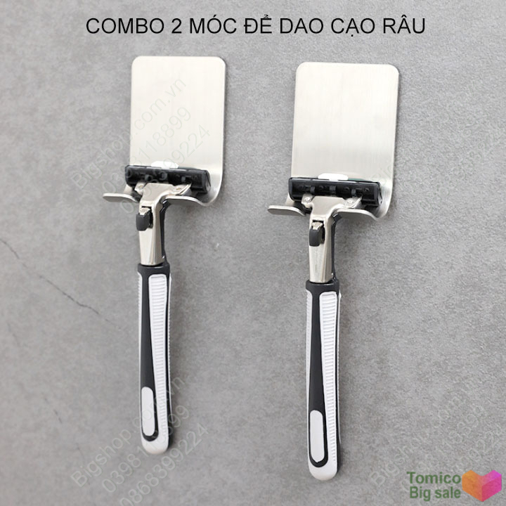 Bộ 2 móc treo dao cạo râu, phích cắm điện, treo đồ gia dụng đa năng khác bằng inox 304, dán tường