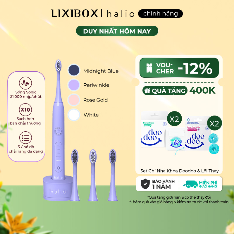 Combo Bàn chải Đánh Răng Halio Sonic Whitening Toothbrush Periwinkle Limited Edition Và 2 Đầu Bàn Chải Thay Thế