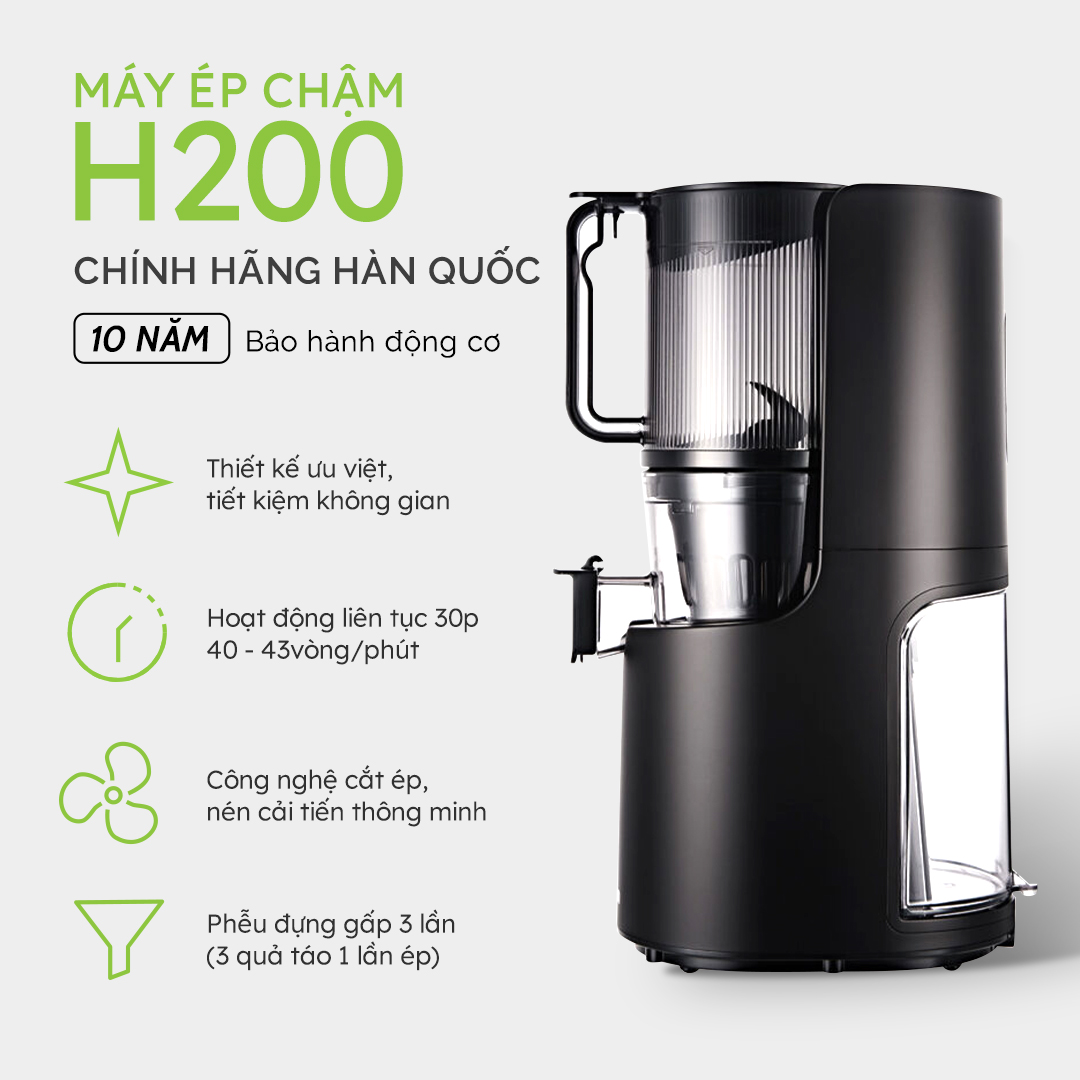 Máy ép trái cây chậm HUROM H200 ép nước hoa quả rau củ nhiều hơn 20% - Chính hãng Hàn Quốc bảo hành điện tử 10 năm (2 màu đen và xám)