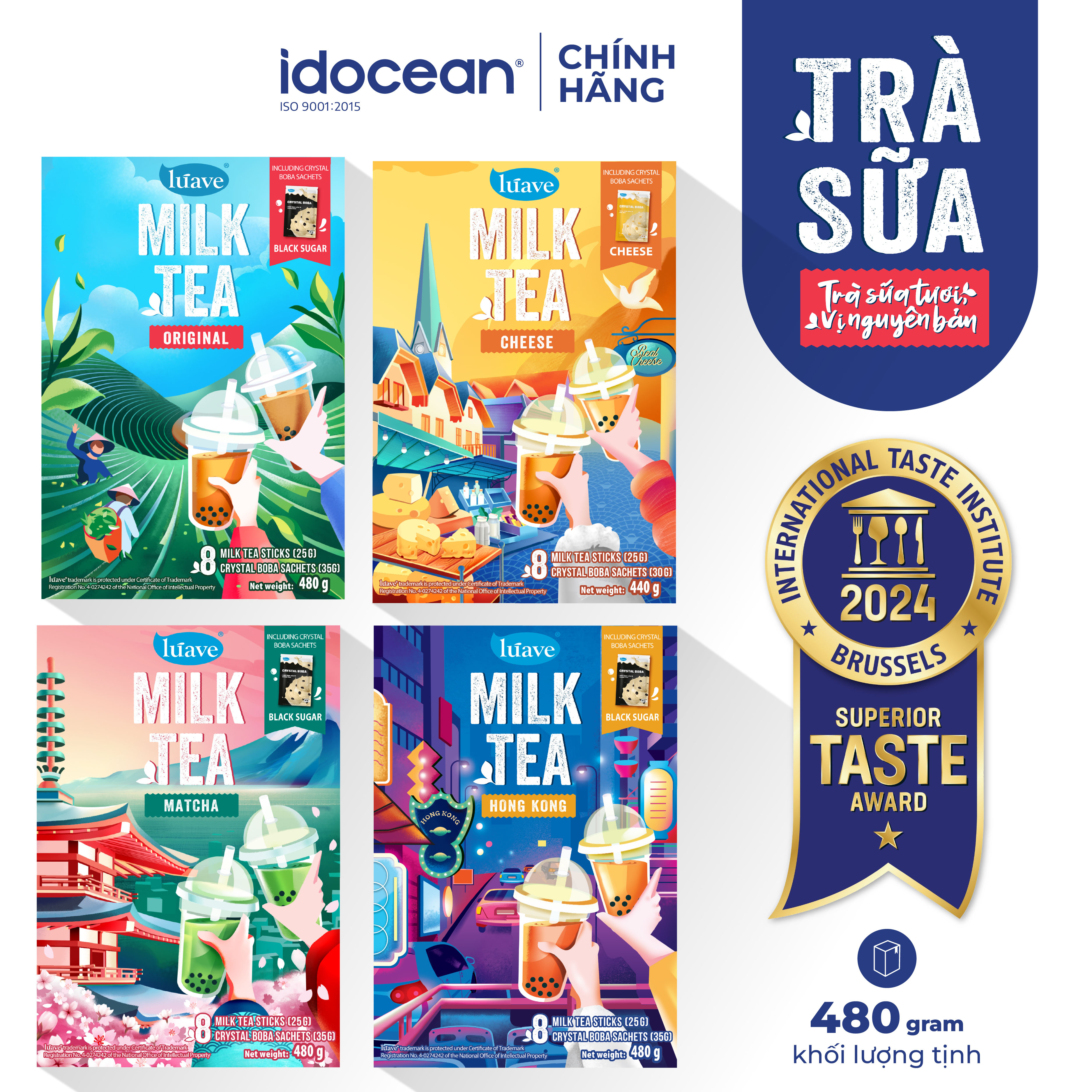 Trà sữa trân châu lúave - 8 gói trà sữa, 8 gói trân châu - trà sữa gói vị truyền thống, phô mai, matcha, hongkong