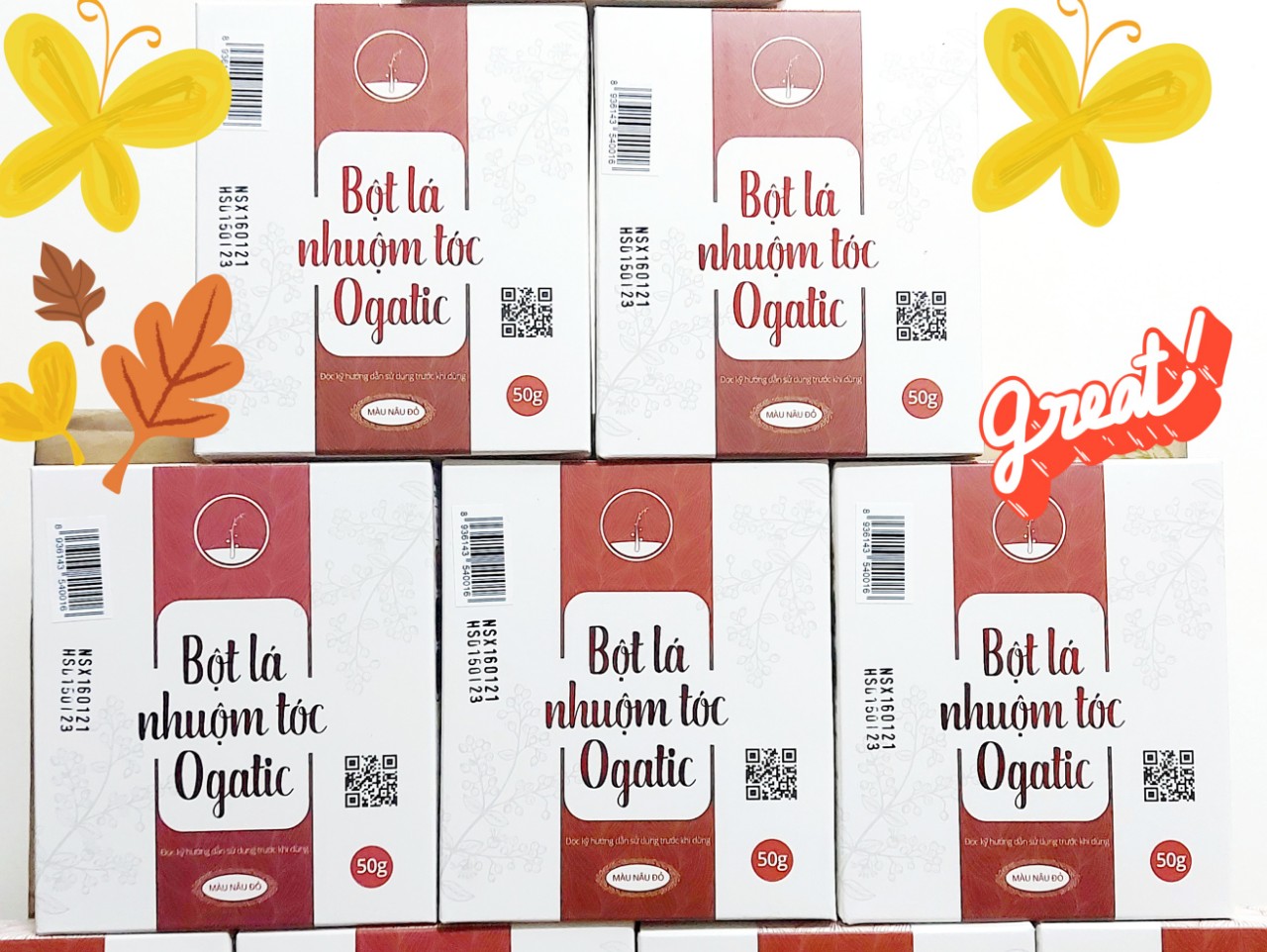 Combo 5 hộp Bột lá nhuộm tóc phủ bạc Ogatic màu NÂU ĐỎ làm từ 100% lá cây móng, cây chàm, không hóa chất, không chất bảo quản sản xuất tháng 04.2021 hạn sử dụng 2 năm