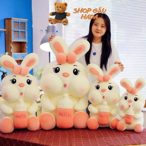 Gấu Bông Thỏ Ôm Bình Sữa Dễ Thương - Gấu Bông Hình Thú Thỏ Trắng - Vải Nỉ Nhung Cao Cấp Hàn Quốc