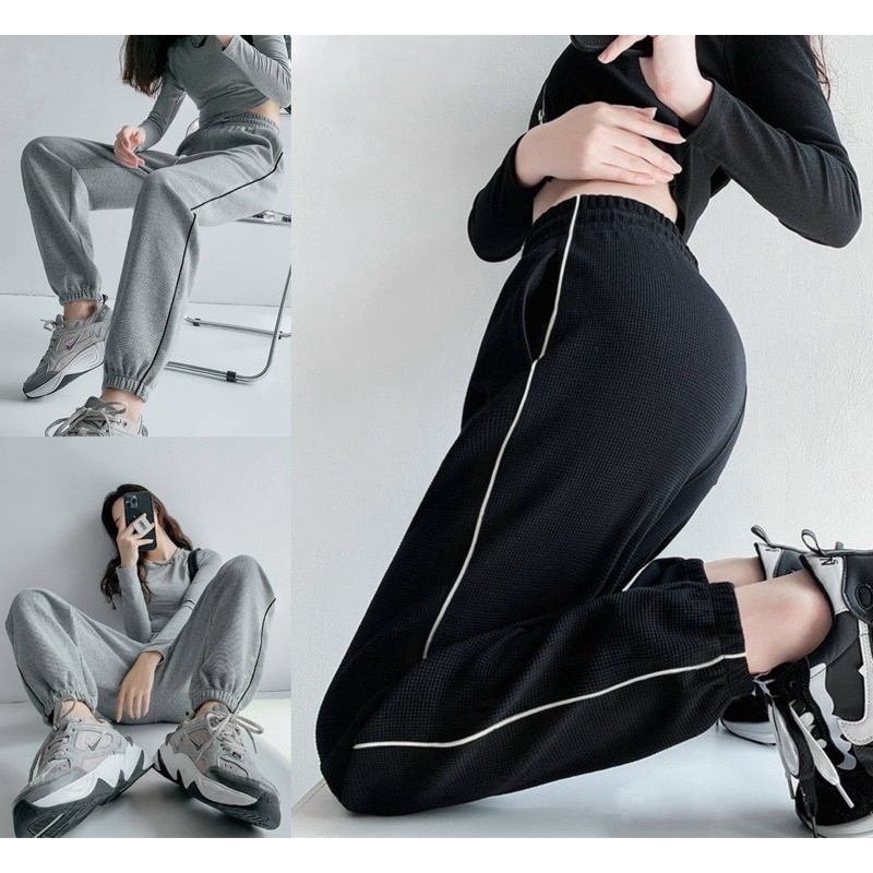 Quần jogger unisex bo gấu chạy viền, quần ống rộng kiểu dáng jogger vải TỔ ONG