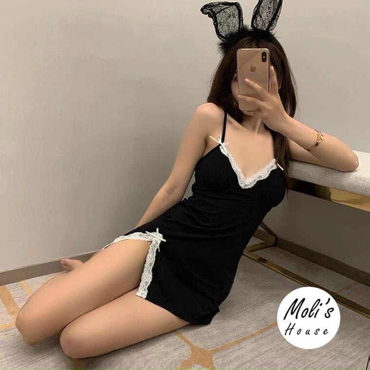 Đầm ngủ thun gân viền ren tặng kèm chip siêu hot.