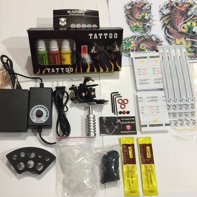 Combo bộ máy xăm Trung Cấp Machine + Set 7 màu mực Tattoo ink + Full phụ kiện