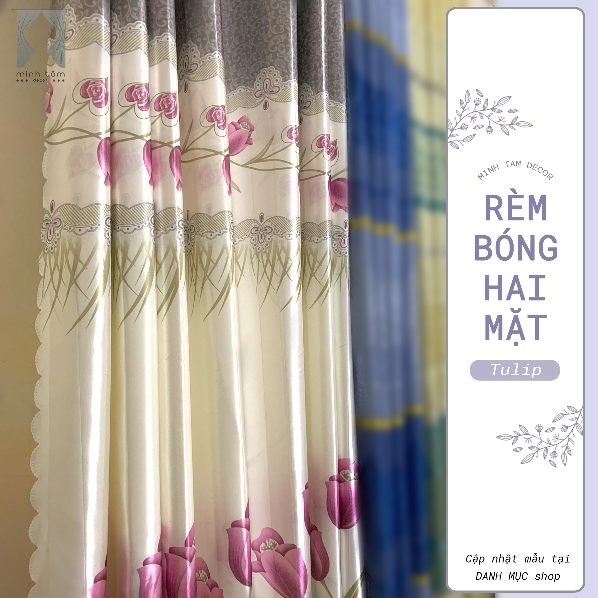 Rèm cửa Minh Tâm chống nắng vải bóng  ( rèm cửa sổ, rèm cửa chính, rèm ngăn phòng) - Hoạ tiết tulip kem