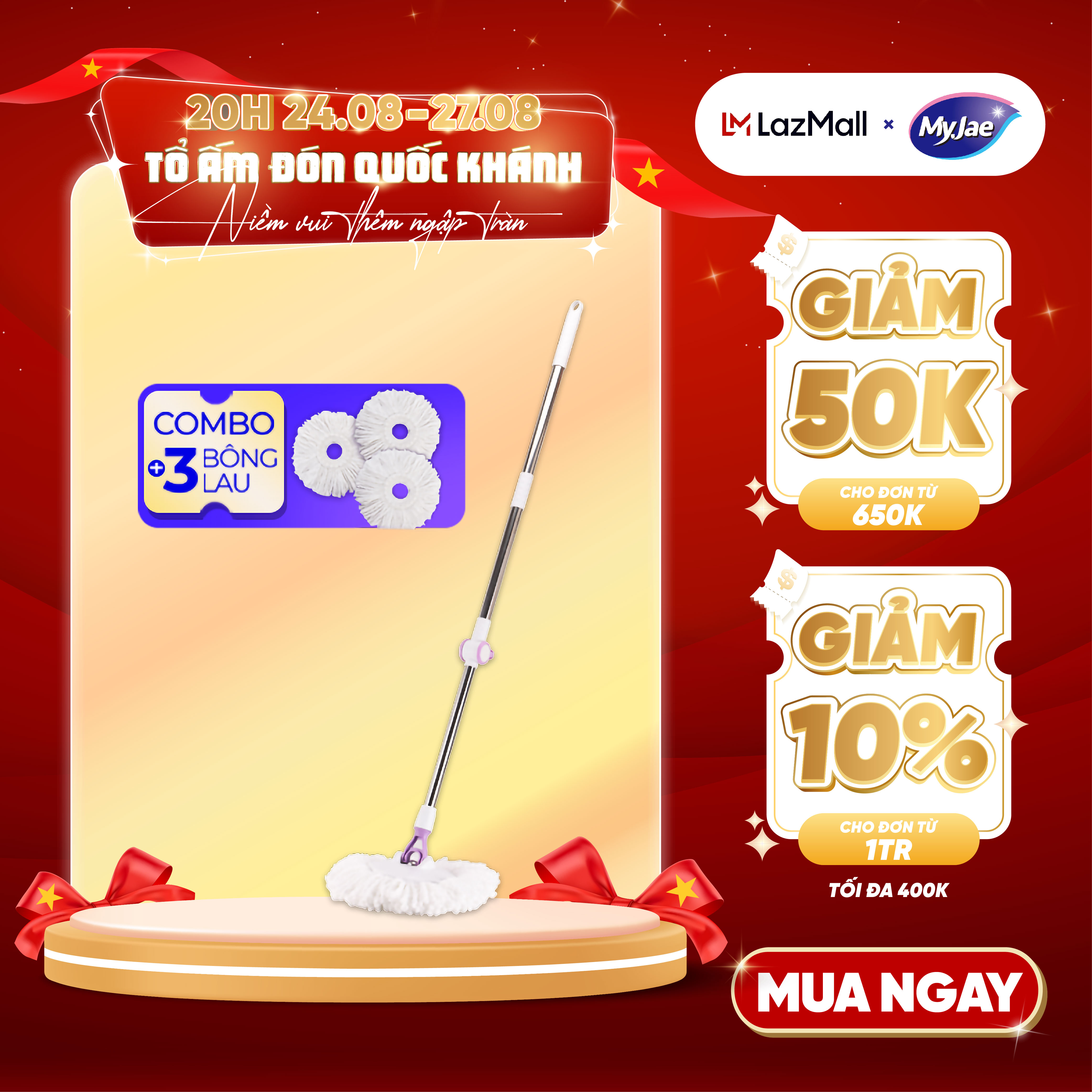 Combo 3 bông lau + 1 cây lau nhà đơn myjae sợi microfiber xoay 360 độ phù hợp cho nhiều loại thùng lau 134cm