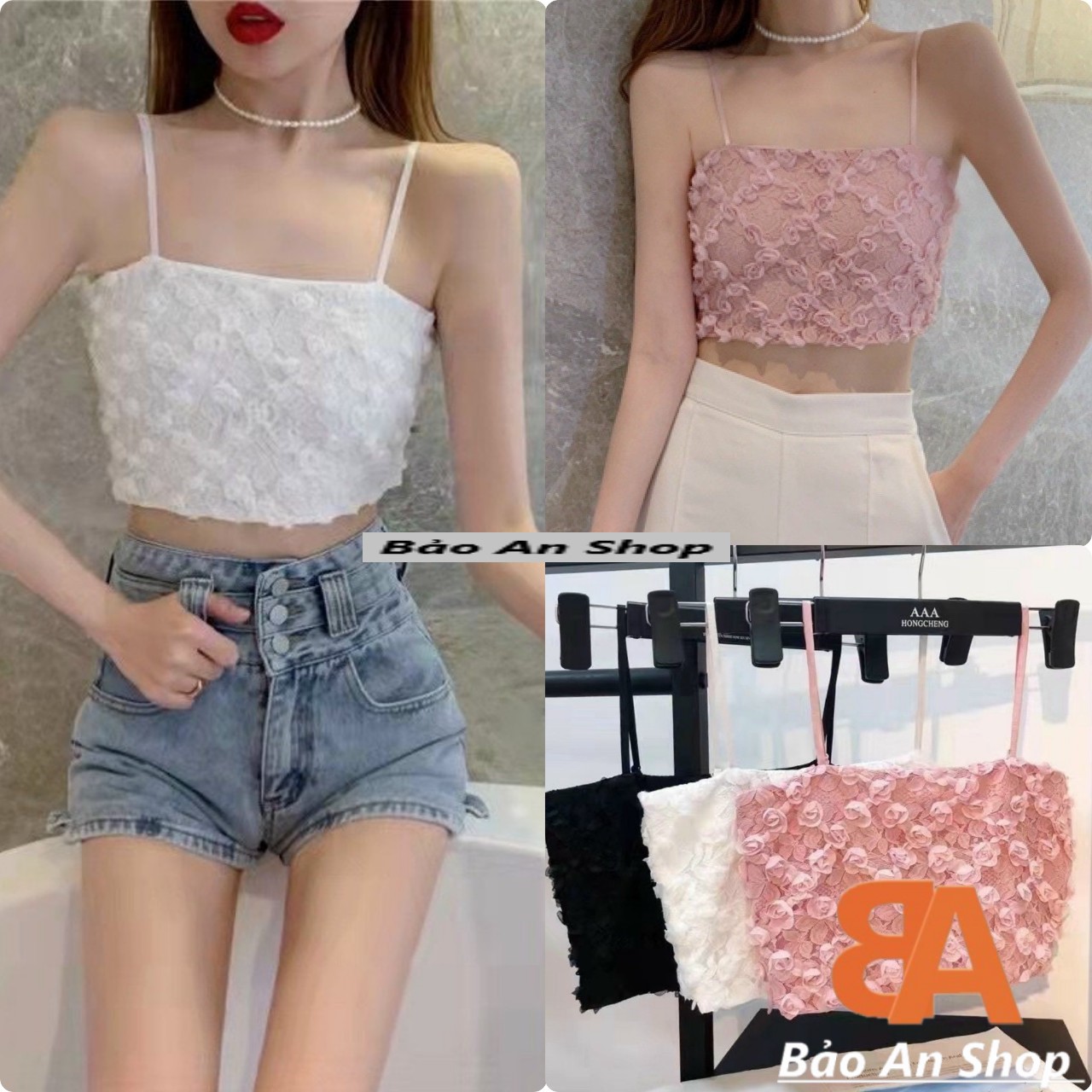 Áo 2 dây bra ren hoa hồng 3 màu