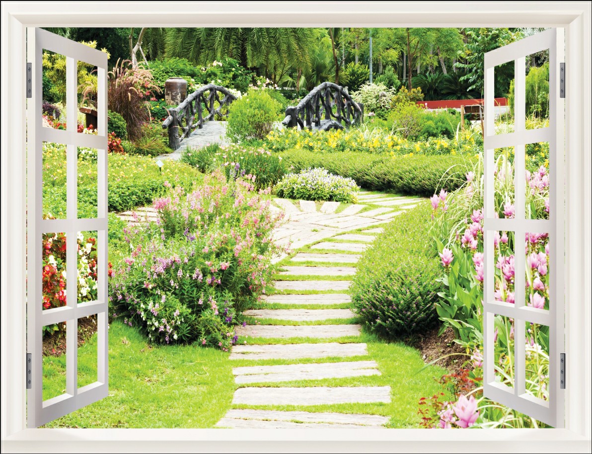 Tranh dán tường 3d cửa sổ phong cảnh thiên nhiên trang trí phòng khách phòng ngủ giá rẻ đẹp chất liệu decal pp keo sẵn bóc dán PA