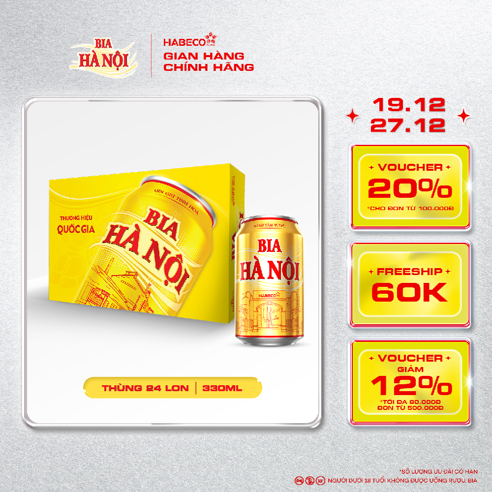 Thùng 24 lon Bia Hà Nội - HABECO 330ml lon