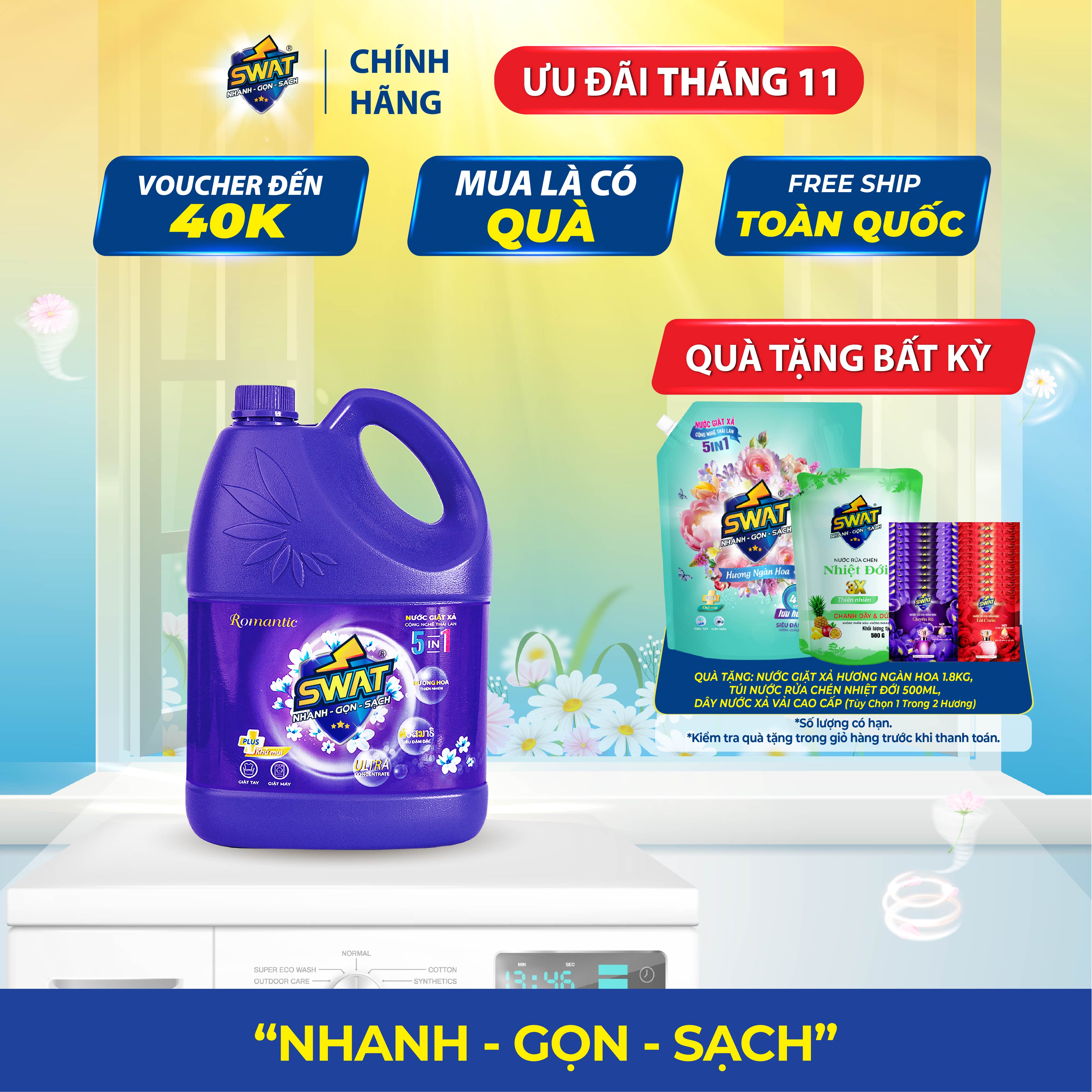  Nước Giặt Xả SWAT 5IN1Hương Romantic Siêu Thơm Can Dung Tích Khổng Lồ 3.8L 