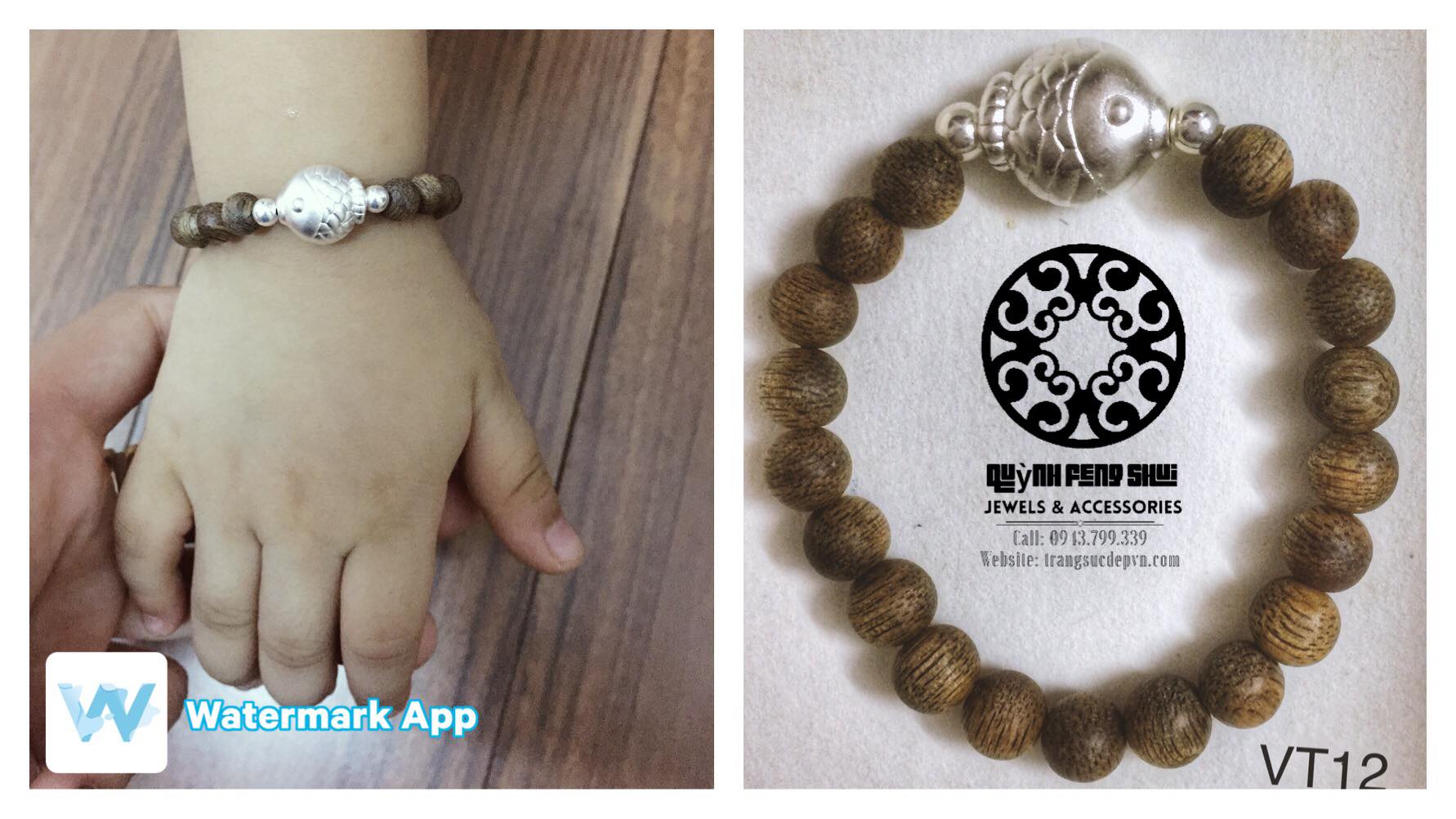 Vòng tay trầm hương cho bé kết hợp charm bạc ta hình con cá siêu dễ thương