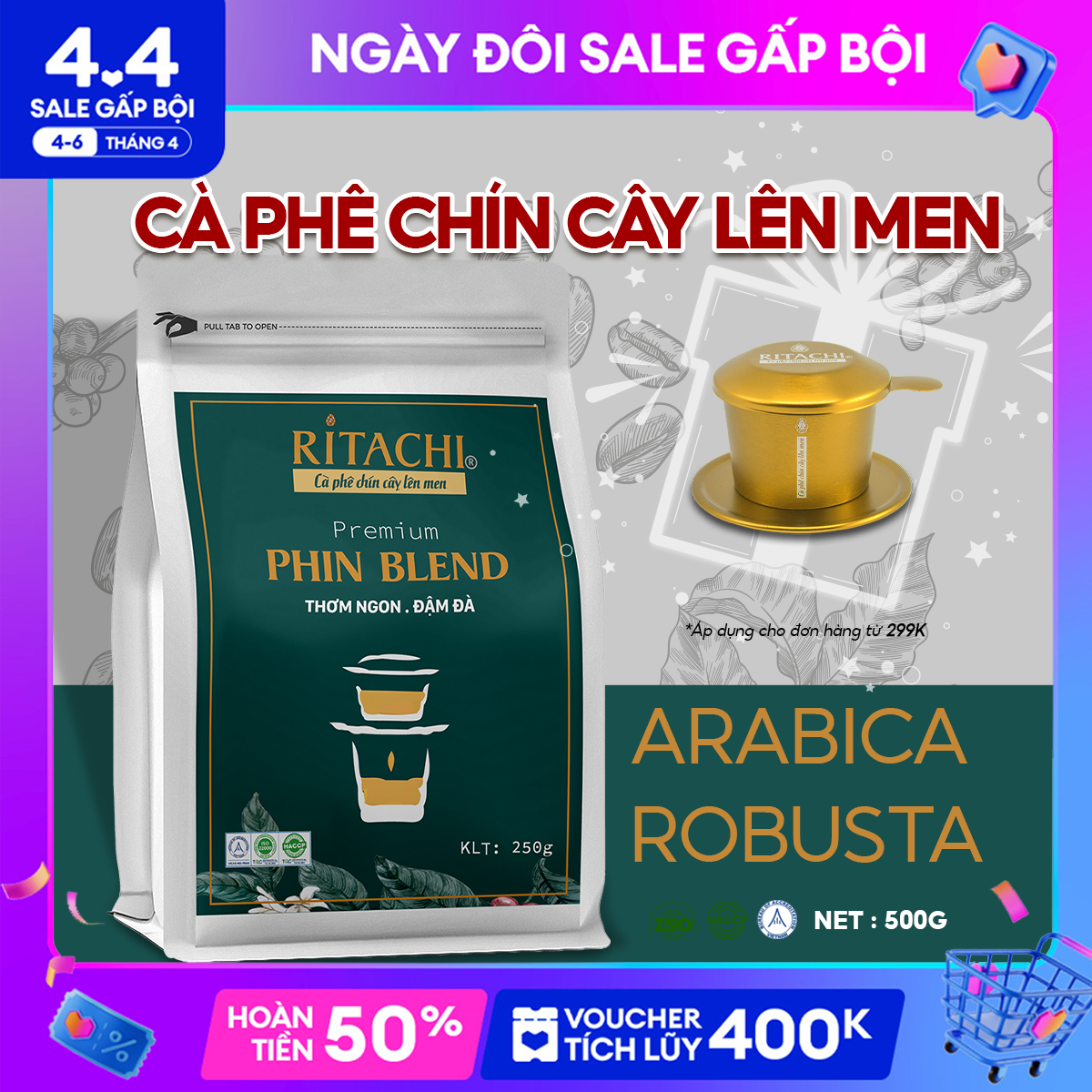 Cà phê pha phin ritachi phin blend vị đậm đà, phối trộn cà phê arabica và cà phê robusta chín cây lên men tự nhiên, vị đậm đà, hâu ngọt, thơm lâu
