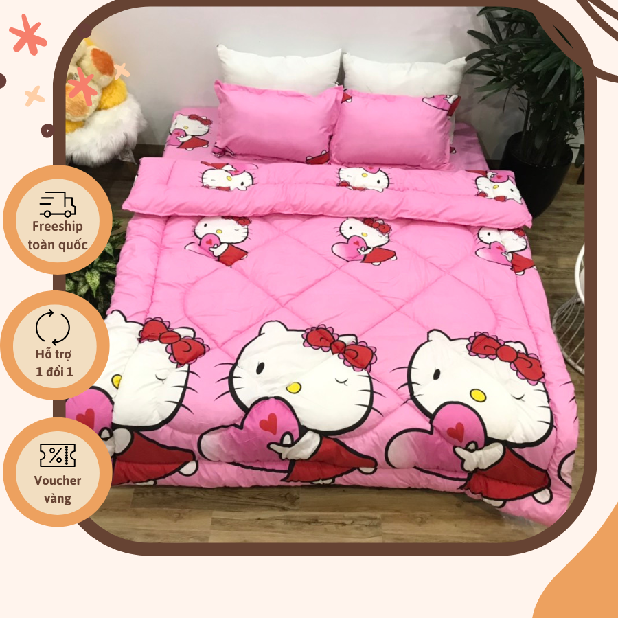 Bộ chăn phao 5 món cotton blend mẫu hello kitty hồng P24( Gồm 1 ga 1 chăn đã chần phao dầy 2 vỏ gối 1 vỏ gối ôm)
