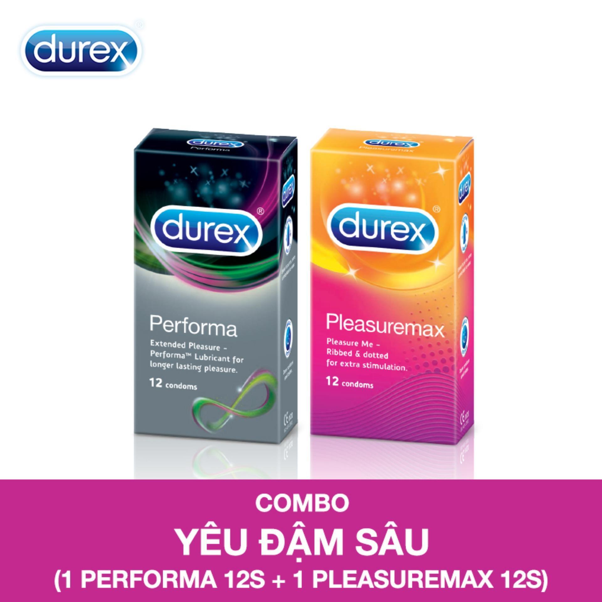 Combo 2 hộp bao cao su kéo dài thời gian Durex PERFORMA +PLEASUREMAX gân gai hộp 12c