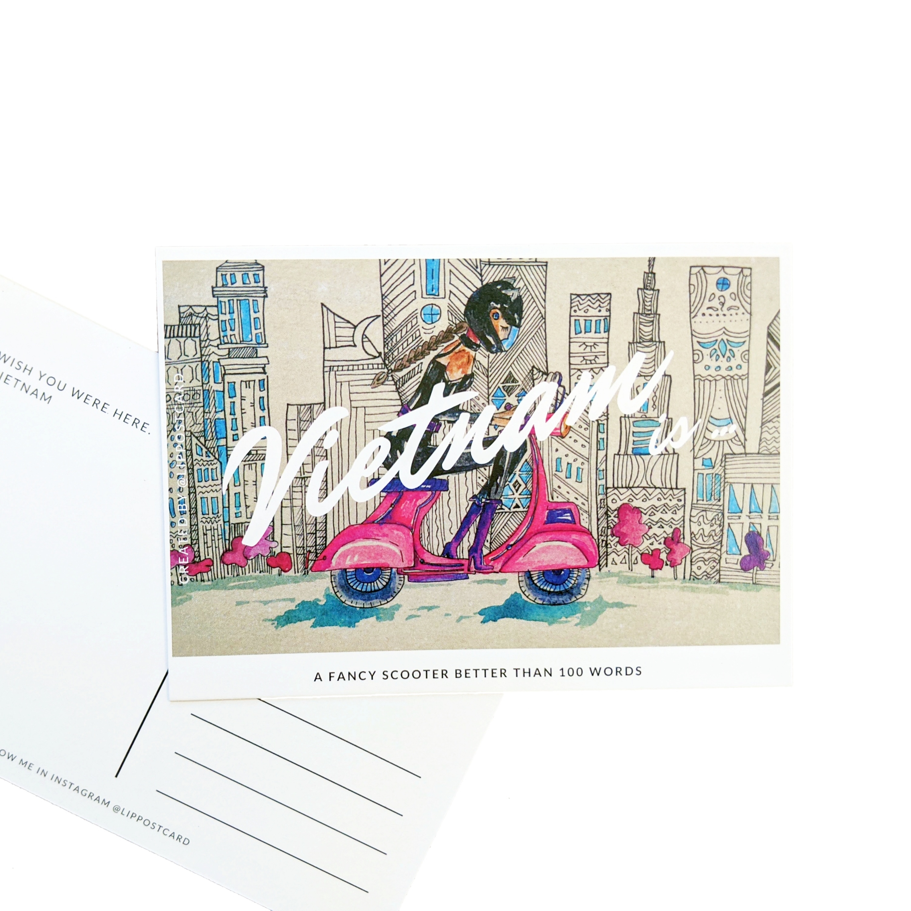 Chú mèo postcard "Việt Nam" trên chiếc xe tay ga màu hồng. Một cô gái trên một chiếc xe máy đội mũ bảo hiểm màu đen. Làm thủ công bưu thiếp màu nước gốc trên giấy màu nước. Minh họa màu nước. Một món quà từ Việt Nam