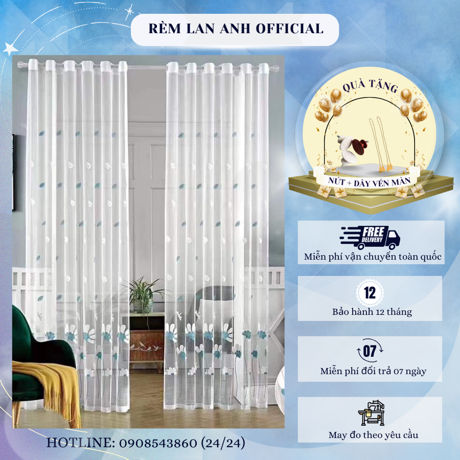 Rèm voan trắng, rèm cửa voan trắng thêu hoa trang trí xinh xắn