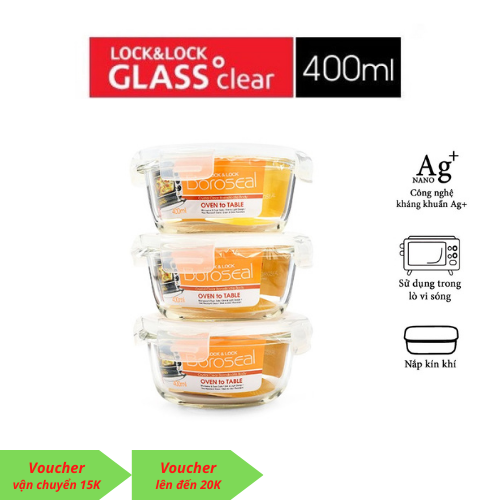 Bộ 3 Hộp thủy tinh tròn Lock and Lock 400ml LLG822, Hộp đựng cơm đi làm Lock&Lock 400ml