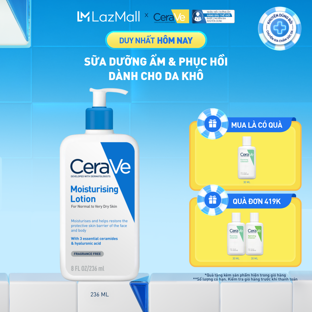 Sữa dưỡng ẩm phục hồi chuyên sâu và giữ da ẩm mịn suốt 48H, duy trì hàng rào bảo vệ da CERAVE MOISTURISING LOTION 236ML