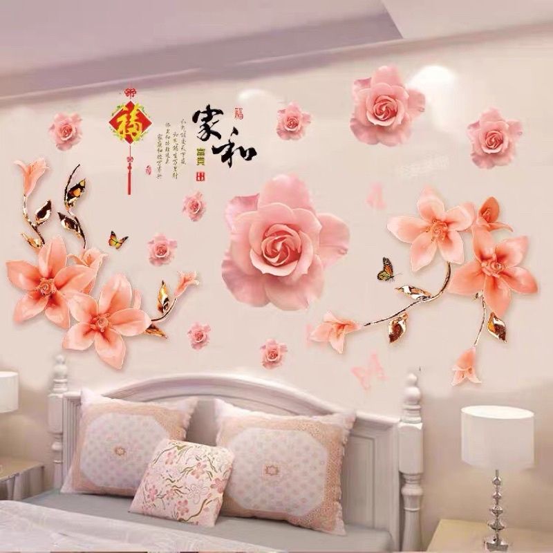 Decal dán tường hoa hồng phấn và hoa cam