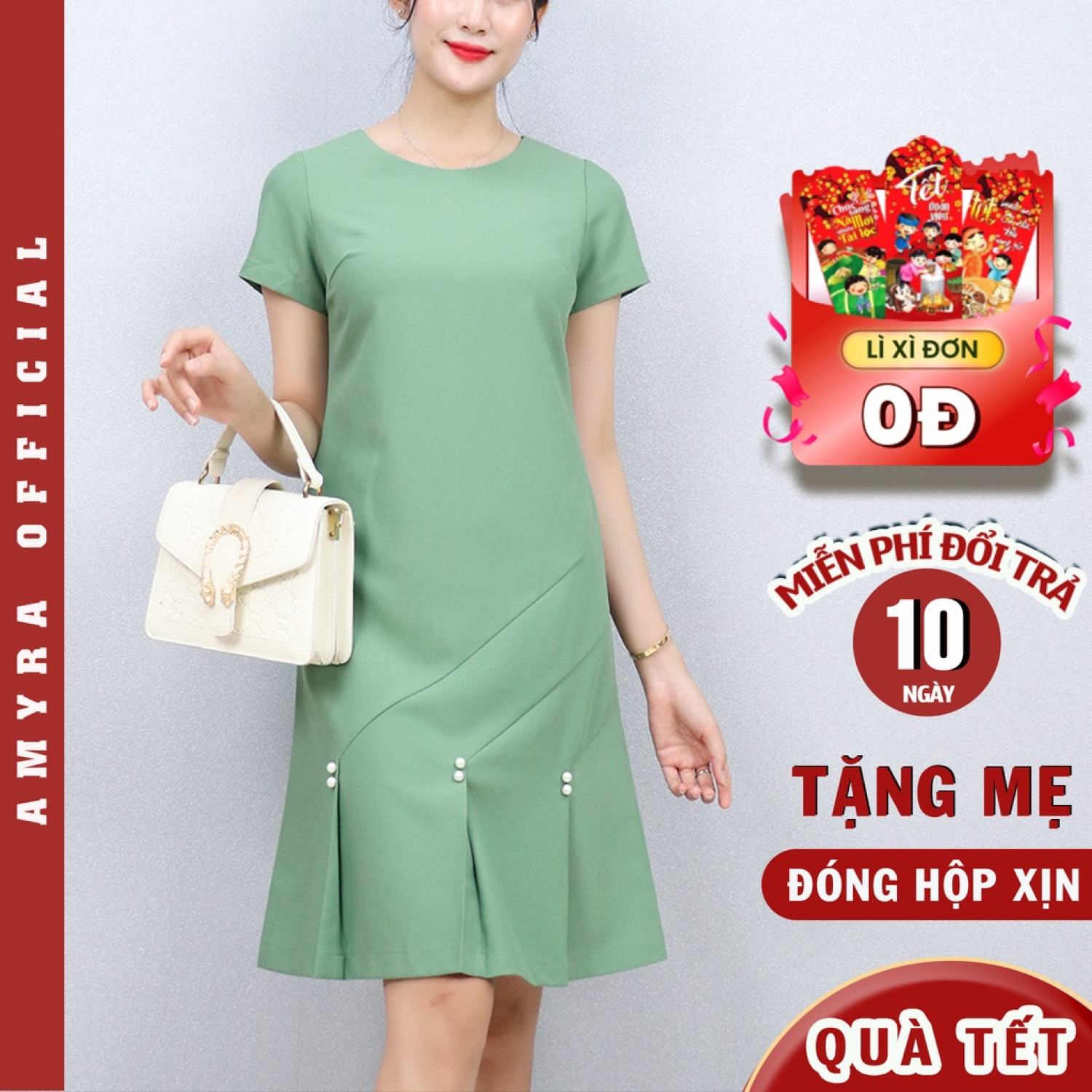 Đầm trυng niên dự tiệc xếp ly AMYRA DA006 thiết kế dáng suông cổ tròn thanh lịch sang trọng trẻ trυng DA006