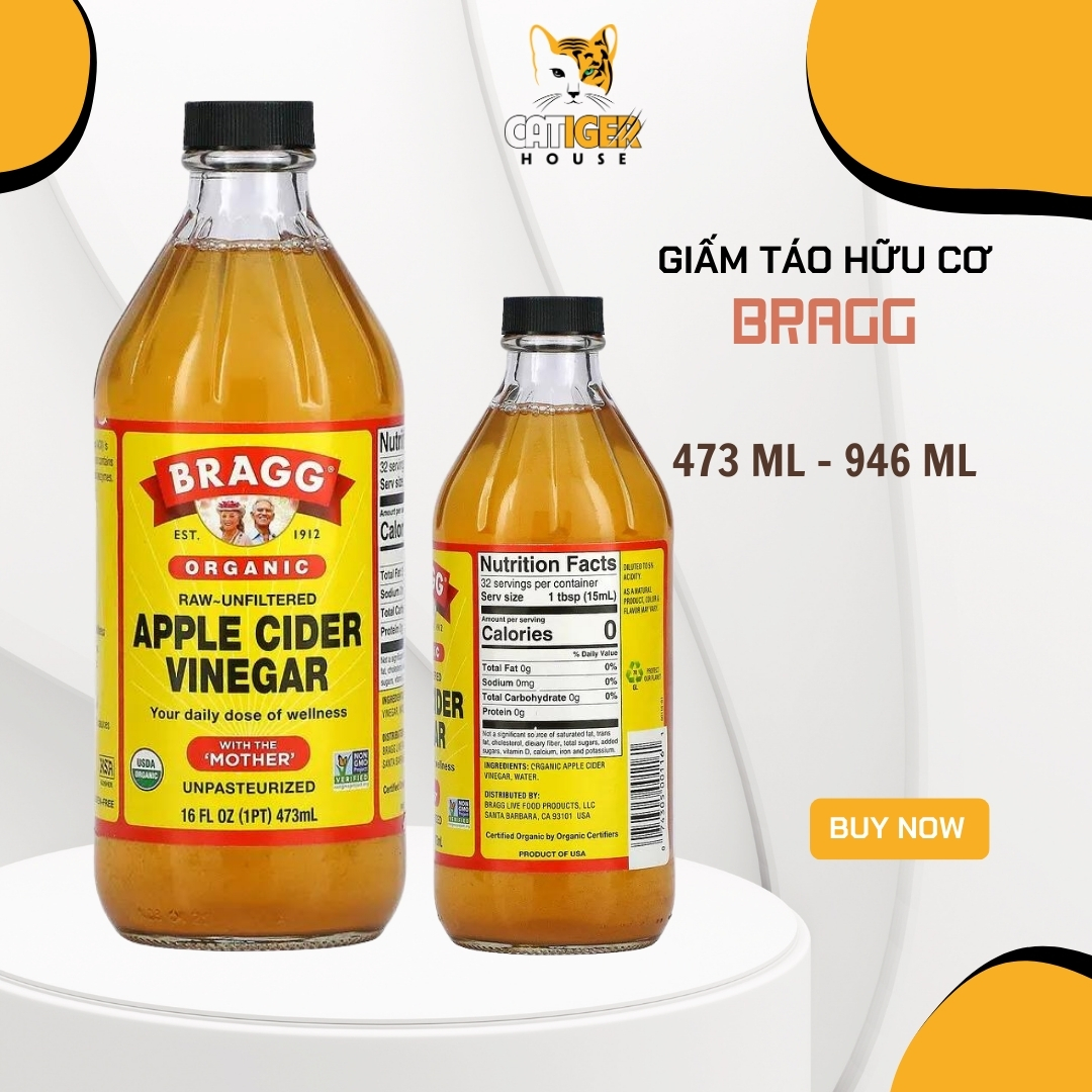 Giấm táo hữu cơ hỗ trợ giảm cân Bragg chai 473ml, 946ml - Hàng Mỹ/Date 2028-2029