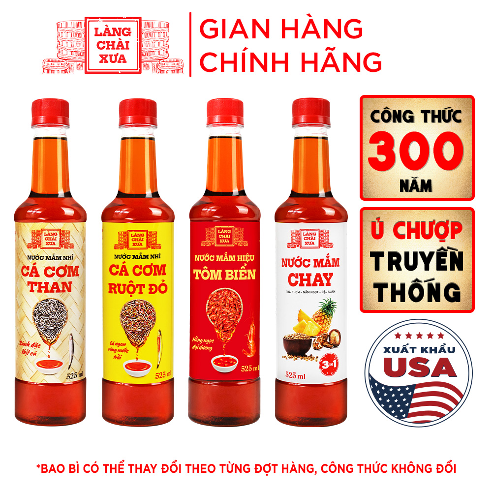   Combo 4 Chai  Nước Mắm Nhỉ Làng Chài Xưa Cá Cơm Than Tôm Biển Cá Cơm Ruột Đỏ Chay 3 trong 1 525ml chai nhựa 