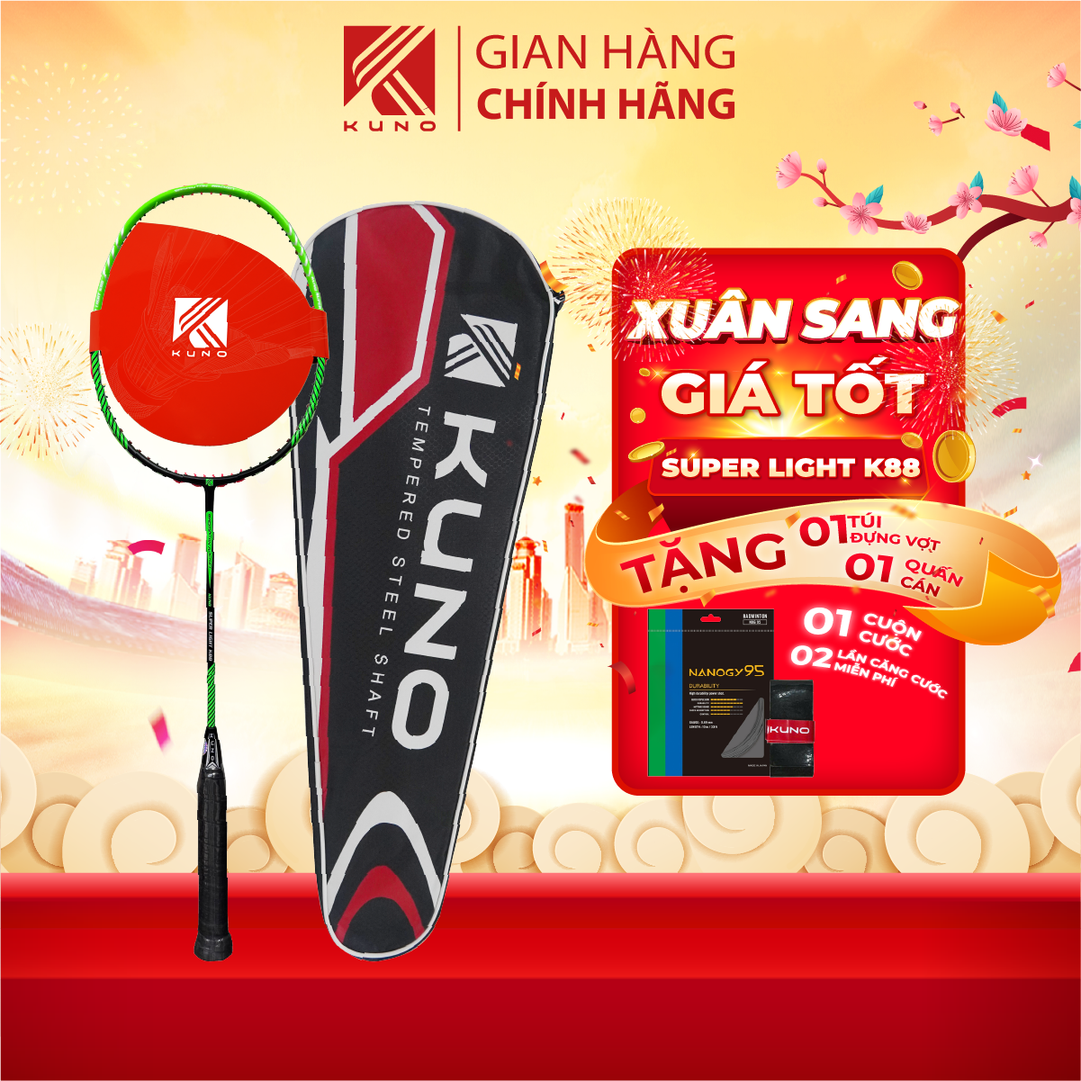 Vợt Cầu Lông Kuno Super Light K88, 6U Thân Carbon, Công Thủ Toàn Diện, Căng Sẵn 11Kg