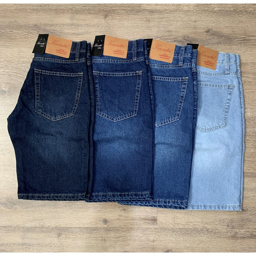 quần short jean nam co giãn với 4 màu xanh rêu đậm trung sáng ống rộng dài qua gối ống 23-26cm