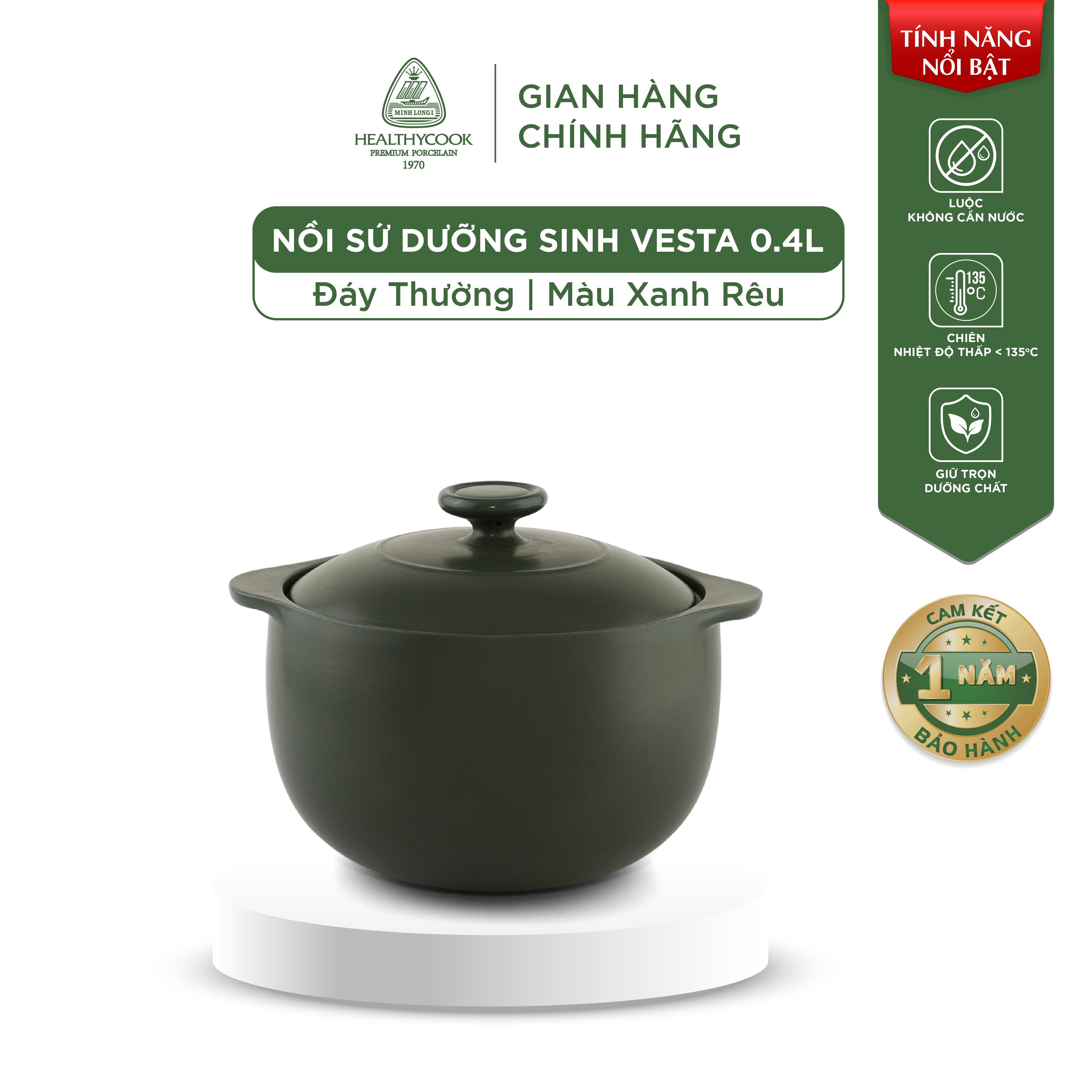 Nồi sứ dưỡng sinh Minh Long - Vesta 0.4 L + nắp thích hợp kho quẹt, kho cá cơm đập dùng được bếp gas, bếp hồng ngoại, bếp than, lò vi sóng