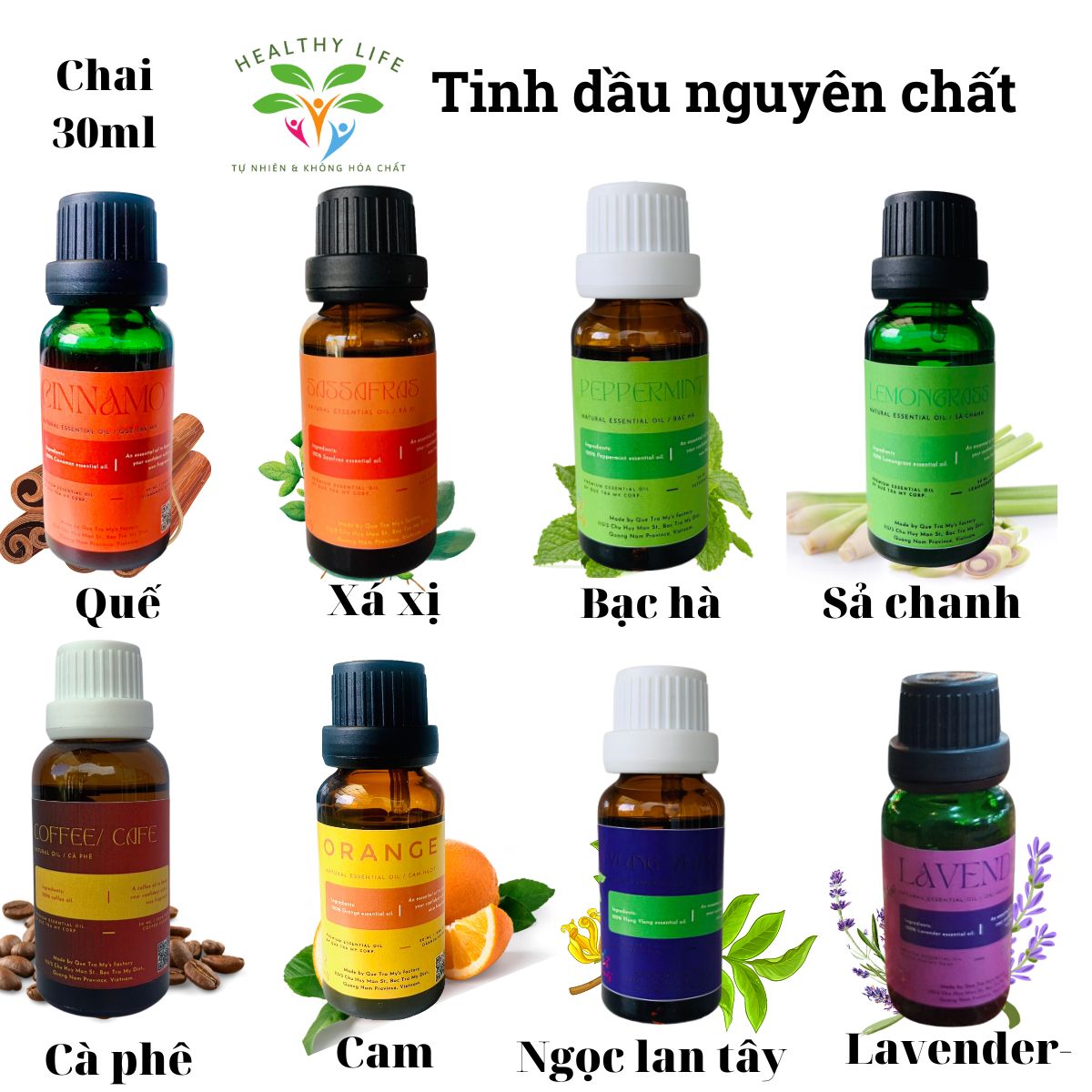 Tinh dầu thơm phòng nguyên chất 30ml quế chanh sả lavender xá xị bạc hà cam Quế Trà My dầu xông thơm khử mùi đuổi muỗi.