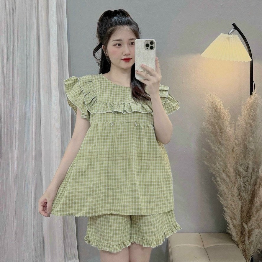 Bộ bầu cộc tay quần đùi kẻ caro tay cánh tiên - b139