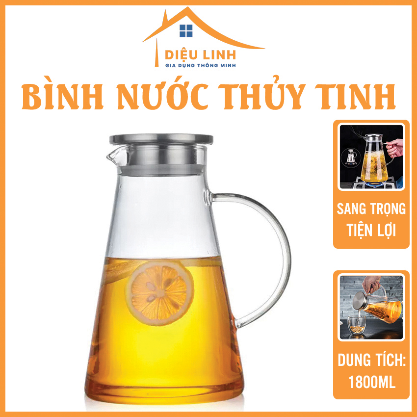 Bình nước thủy tinh 1800ml GPH 28, Bình đựng nước thủy tinh có quai cầm sang trọng, Ấm pha trà thủy tinh có lõi lọc trà Dieulinhshop