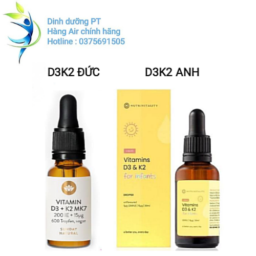 Vitamin d3k2 mk7 sunday natural 20ml của đức d3k3 mk7 nutrivitality 30ml của anh .