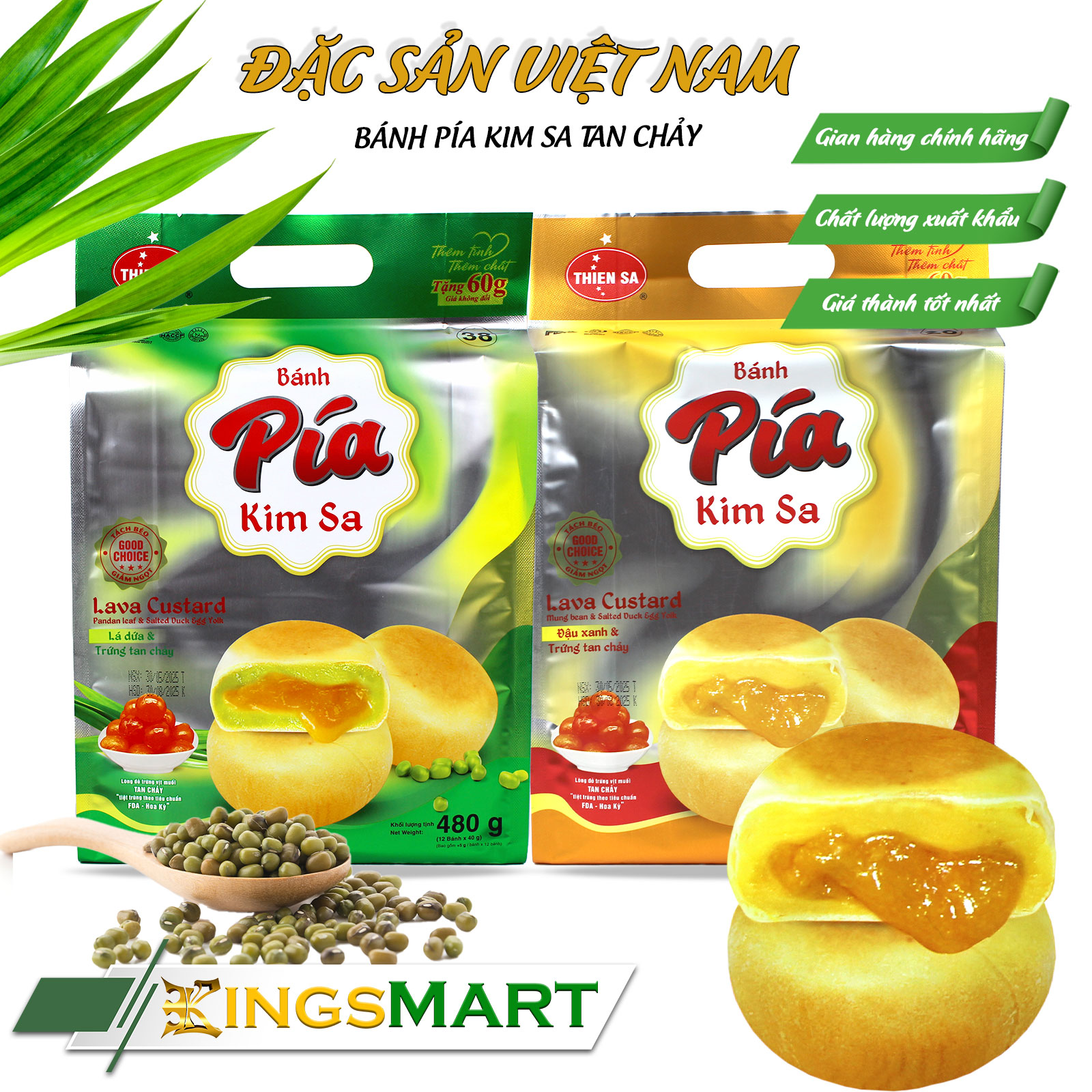 Bánh pía kim sa trứng chảy cặp đậu xanh & lá dứa - Thương hiệu Thiên Sa - Túi 480g/12 bánh - Kingsmart Giá 100,800 Đồng*Miễn phí vận chuyển