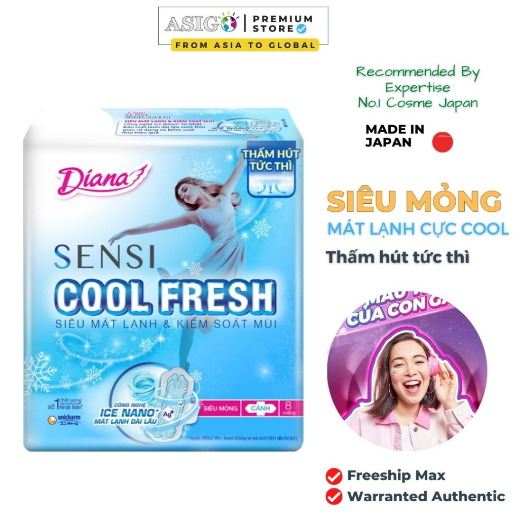 Băng vệ sinh Diana Sensi Cool Fresh Mát Dịu Siêu Mỏng Cánh 8 miếng gói