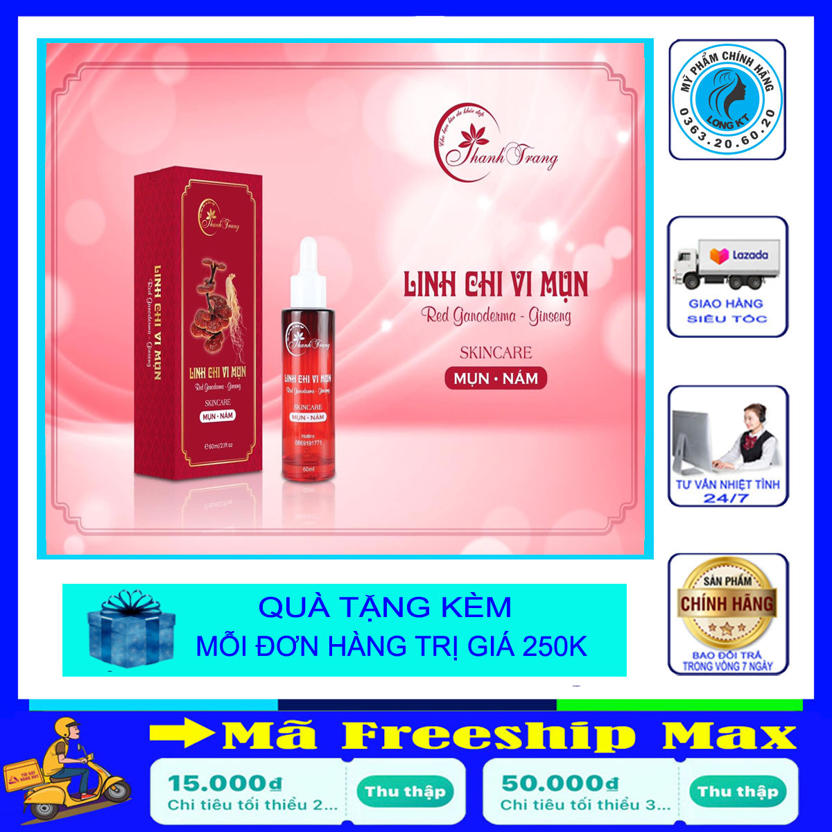[Mỹ Phẩm Thanh Trang]Linh chi vi munj - Dung Dịch serum thiên nhiên Ngừa Mụn, Nám, Tàn Nhang, Sẹo Rỗ Thanh Trang
