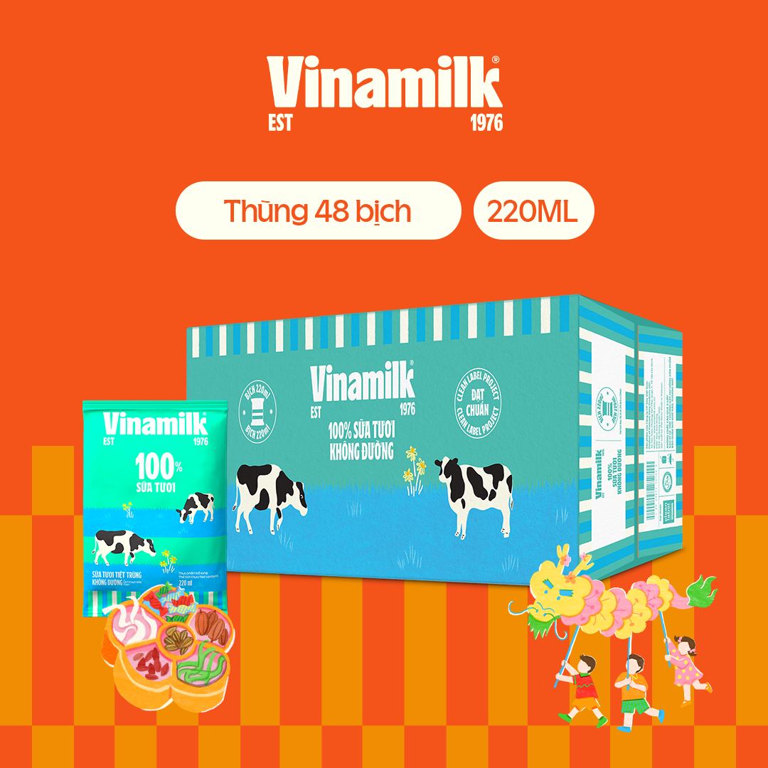 Thùng 48 bịch Sữa tươi tiệt trùng không đường Vinamilk 100% Sữa tươi 220ml