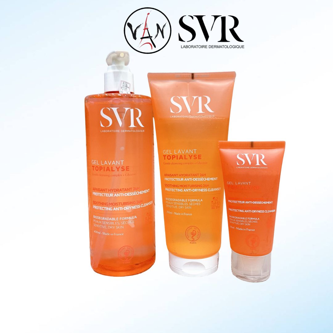 Gel cho mặt & toàn thân không xà phòng làm sạch dưỡng ẩm da khô nhạy cảm svr 55ml, 200ml, 400ml