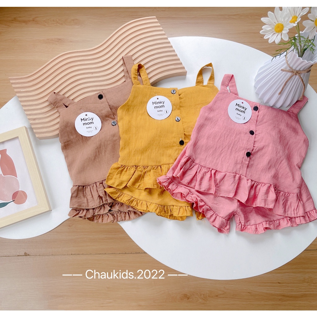 Áo 2 dây bé gái, set bộ đũi bèo cúc cài thật cho bé