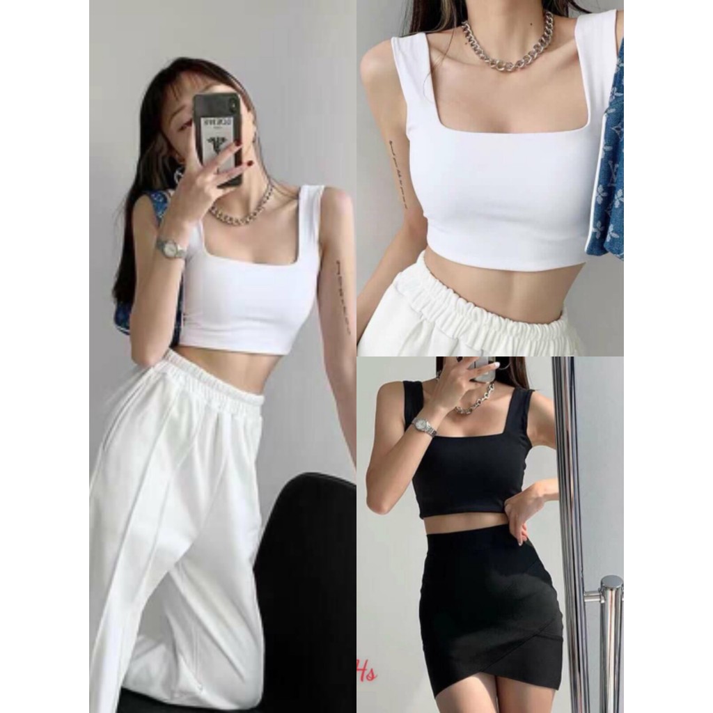 Áo croptop nữ 3 lỗ cổ vuông , áo crt nữ trơn sát nách 2 màu - qm1