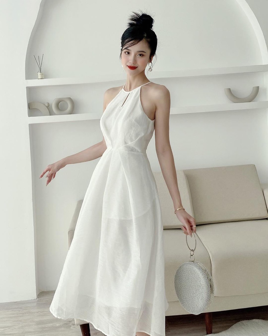 Đầm midi chít eo cổ yếm khoét giọt nước Rossy Fashion - SR170