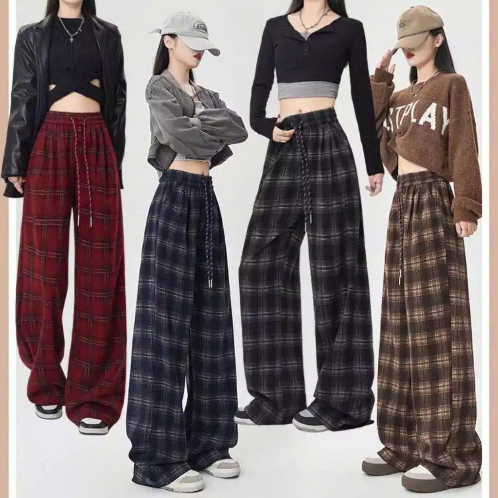 Quần dạ ống rộng dáng xuông kẻ sọc caro nữ lưng cao phong cách thời trang - quanaohuyenanh