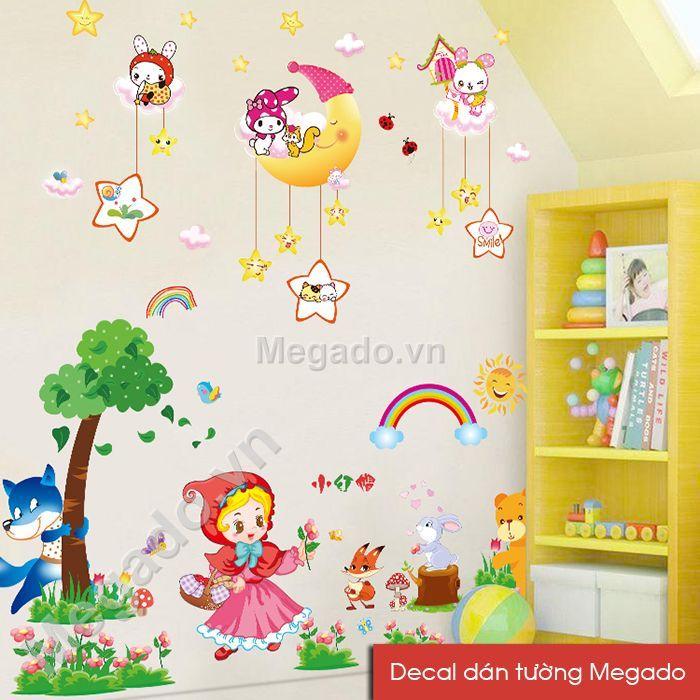 Combo 2 bức decal dán tường cô gái quàng khăn đỏ và chúc ngủ ngon