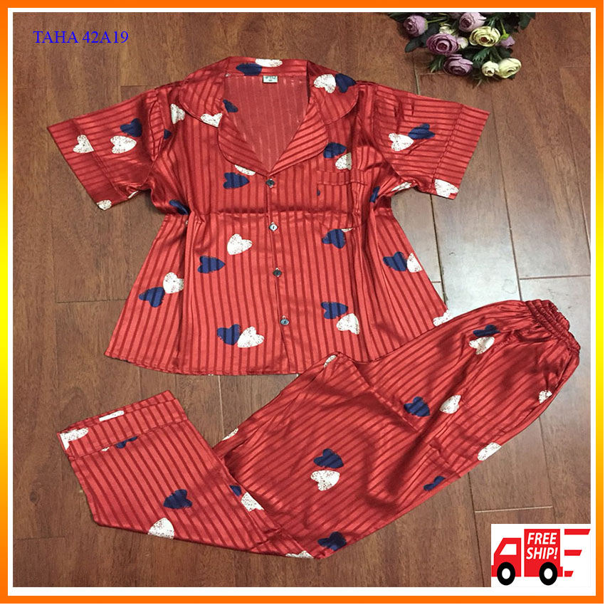 Bộ đồ pijama lụa gấm cao cấp tay cộc quần dài pijama01 taha 42a19 mặc nhà mềm mịn cực sang chảnh