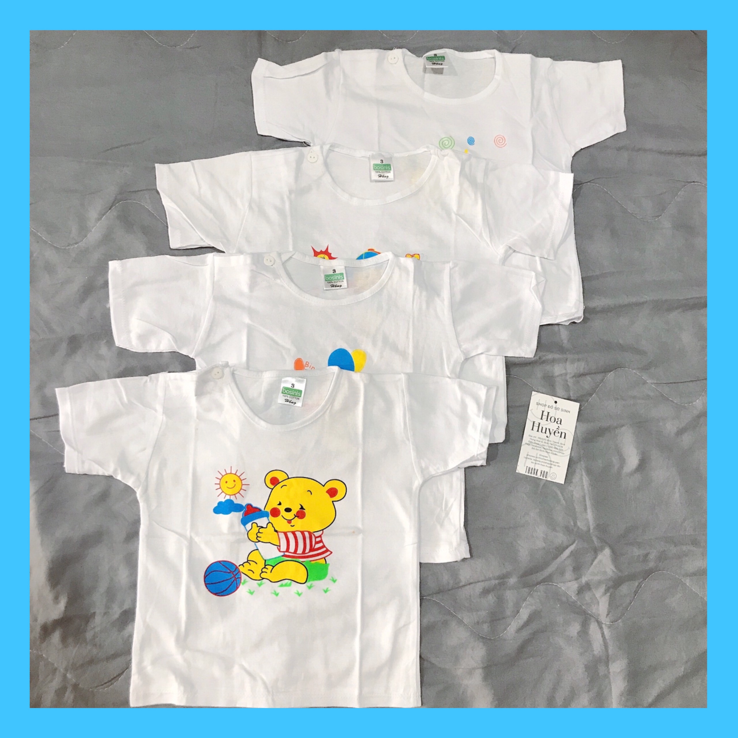 Combo 5 áo Tay Ngắn cài cúc vai cho bé trai bé gái 100% cotton Hiệu Bosini 5-32kg