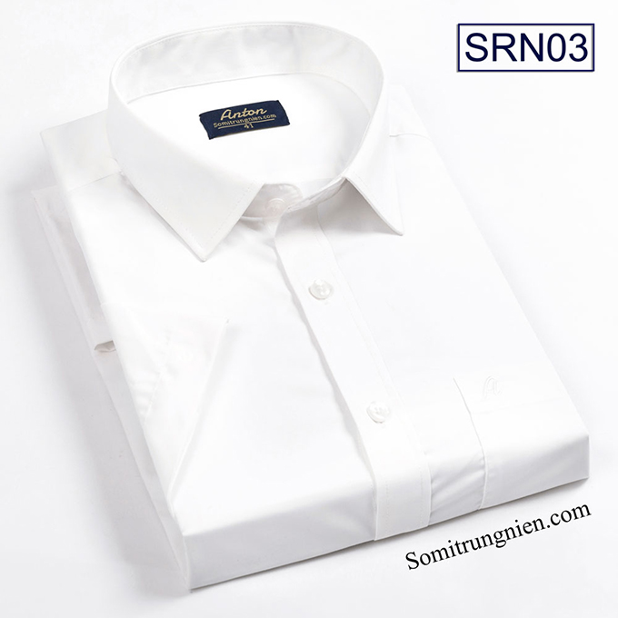 Áo Sơ Mi Nam Công Sở Trung Niên Ngắn Tay Vải Polyspun Màu Trắng Trơn Thương Hiệu Anton - SRN03