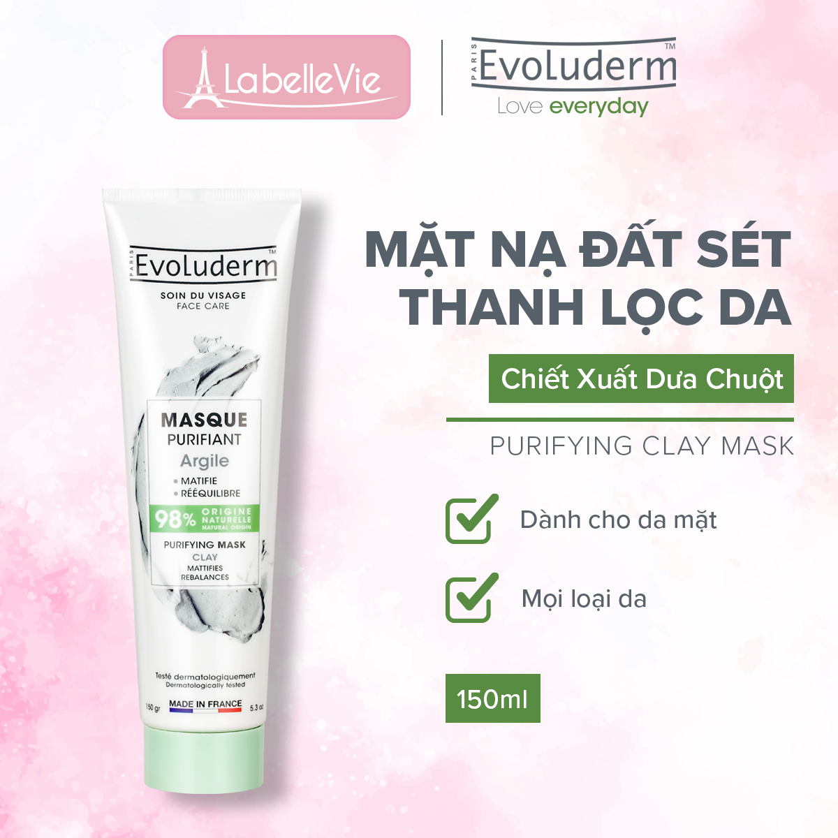 Mặt nạ dưỡng da Evoluderm Masque Purifiant Argile tinh chất đất sét xanh 150ml
