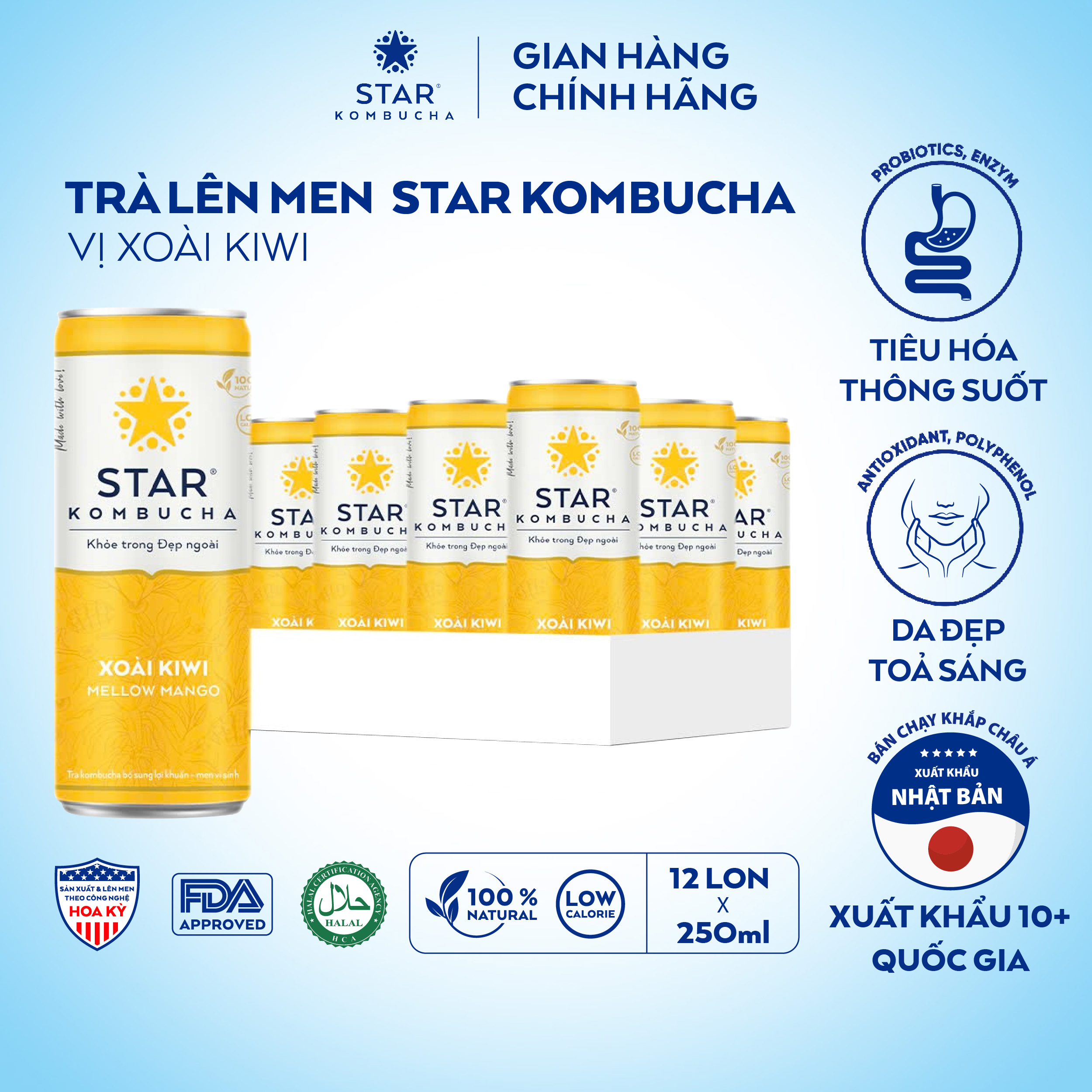 Thùng 12 lon trà lên men STAR KOMBUCHA Xoài Kiwi / Mellow Mango (250ml/lon) - Trà lên men vi sinh chứa probiotics Chứng Nhận FDA tiêu chuẩn Mỹ